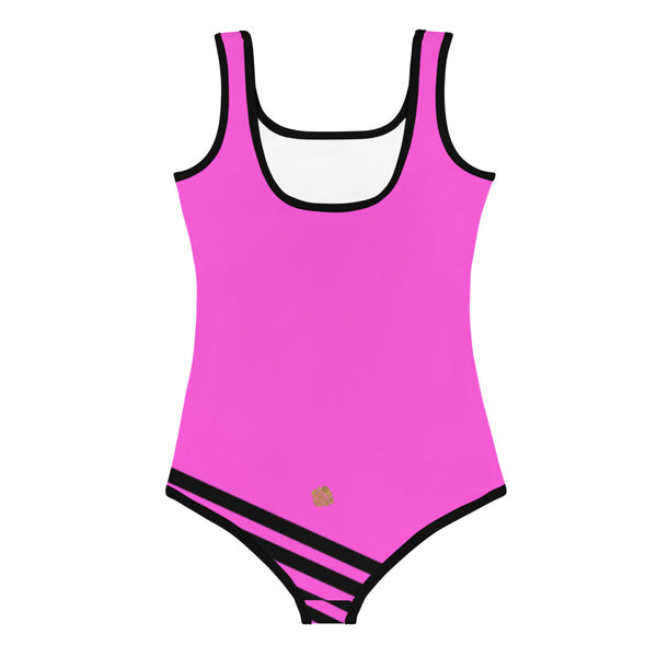 Pink + Black Diagonally Striped Print Girl's Cute Premium Kids Swimsuit- Made in USA-Kid's Swimsuit (Girls)-Heidi Kimura Art LLC