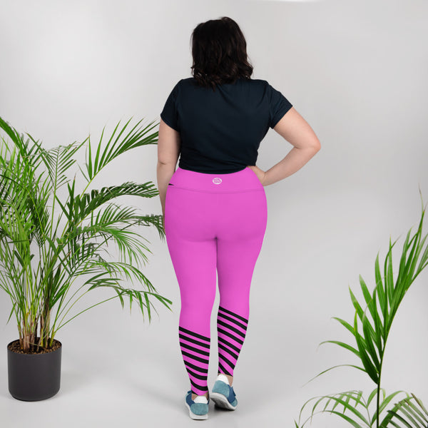 Hot Pink Black Diagonal Stripe Women's Fitness Yoga Leggings-Women's Plus Size Leggings-Heidi Kimura Art LLC