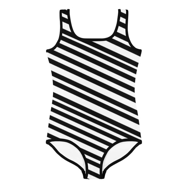 White Black Diagonal Striped Print Girl's Cute Premium Kids Swimsuit Bathing Suit-Kid's Swimsuit (Girls)-Heidi Kimura Art LLC