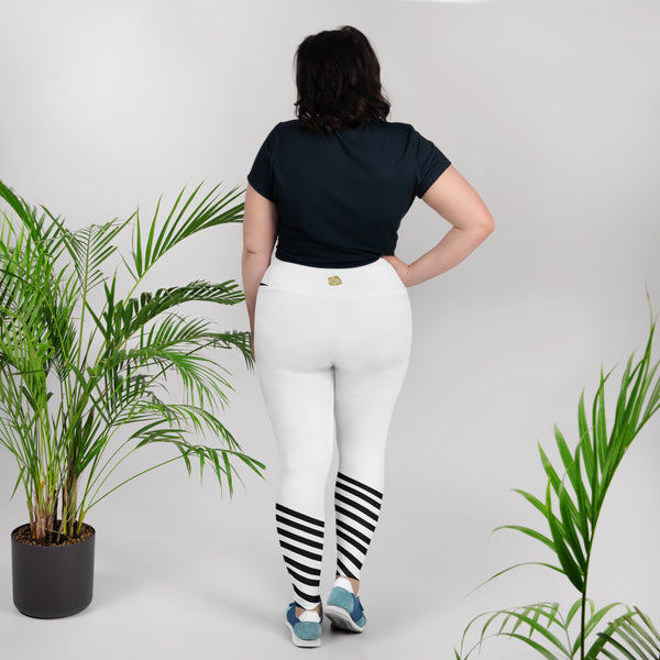 White Black Diagonal Stripe Women's Sports Fitness Ankle Length Plus Size Leggings-Women's Plus Size Leggings-Heidi Kimura Art LLC