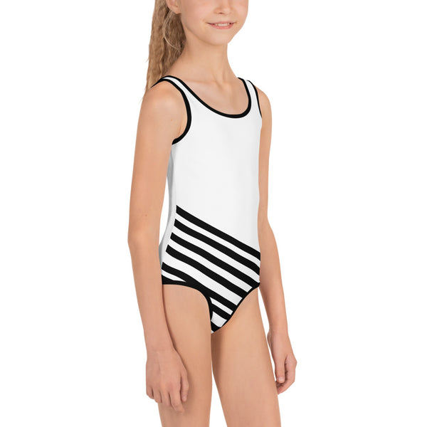 White Black Diagonal Striped Cute Premium Kids Swimsuit Bathing Suit - Made in USA-Kid's Swimsuit (Girls)-Heidi Kimura Art LLC