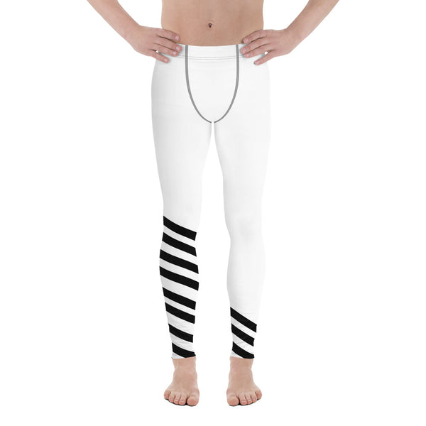 Black White Diagonally Striped Meggings, Men's Running Leggings Tights-Made in USA/EU-Men's Leggings-Heidi Kimura Art LLC