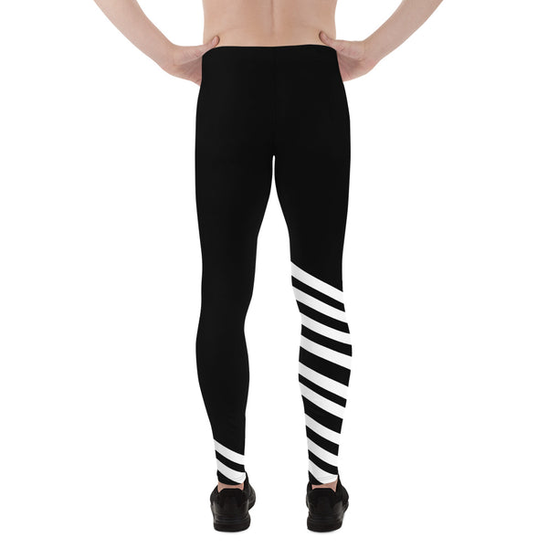 Black White Diagonal Striped Meggings, Men's Athletic Running Leggings-Made in USA/EU-Men's Leggings-Heidi Kimura Art LLC