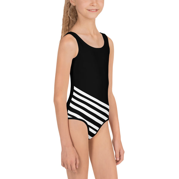 Black Diagonal Striped Girl's Swimsuit, Cute Kids White Stripes Bathing Suit-Made in USA/EU-Kid's Swimsuit (Girls)-Heidi Kimura Art LLC