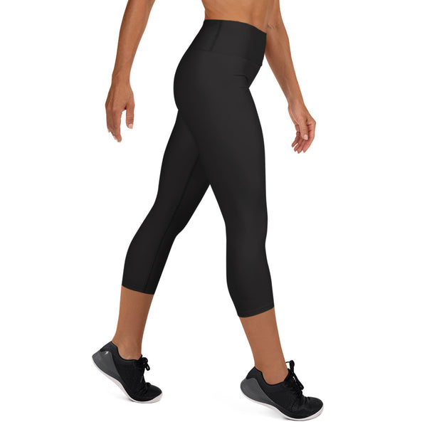 Women's Classic Black Solid Color Yoga Capri Pants Leggings - Made In USA-Capri Yoga Pants-Heidi Kimura Art LLC Women's Black Capris Tights, Women's Classic Black Solid Color Yoga Capri Pants Leggings With Pockets Plus Size Available- Made In USA/EU/MX (US Size: XS-XL)