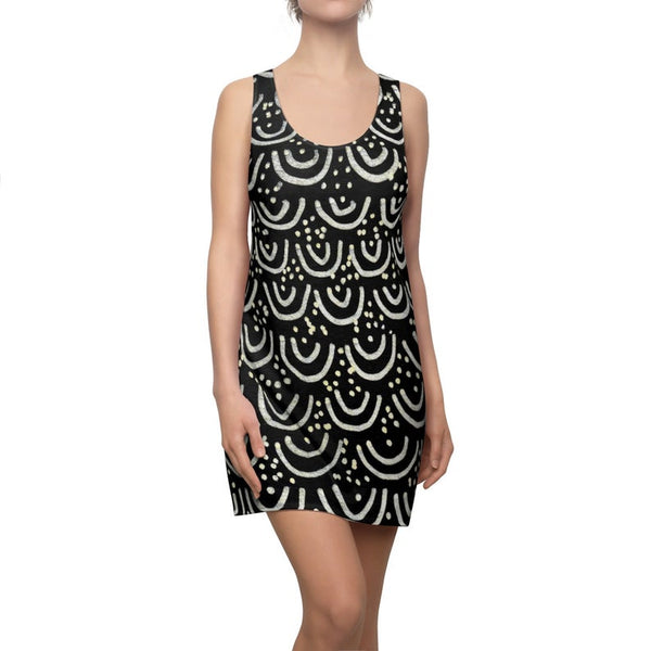 Elegant Black Mermaid Print Premium Women's Long Sleeveless Racerback Dress-Made in USA-Women's Sleeveless Dress-Heidi Kimura Art LLC