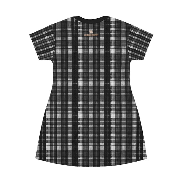 Black Tartan Print T-Shirt Dress, Gray Plaid Print Crew Neck Women's Dress- Made in USA-T-Shirt Dress-Heidi Kimura Art LLC