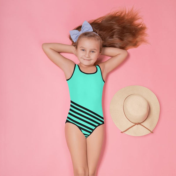 Blue Striped Girl's Swimsuit, Blue + Black Diagonally Striped Print Girl's Cute Premium Kids Swimsuit Bathing Suit - Made in USA/ Europe (US Size: 2T-7)