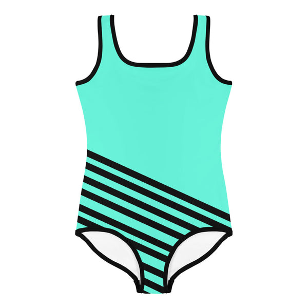 Blue + Black Diagonally Striped Print Girl's Cute Premium Kids Swimsuit Bathing Suit-Kid's Swimsuit (Girls)-Heidi Kimura Art LLC