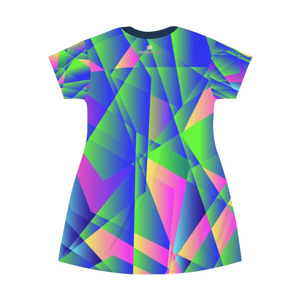 Blue Diamond Geometric Print Designer Crew Neck T-shirt Dress-Made in USA-T-Shirt Dress-Heidi Kimura Art LLC Blue Diamond Print Dress, Blue Diamond Geometric Print Designer Crew Neck Women's Long Tee T-shirt Dress-Made in USA (US Size: XS-2XL)