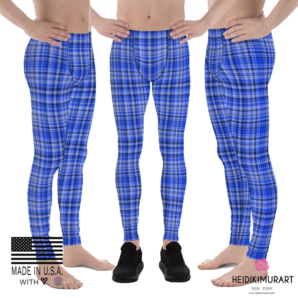 Blue Tartan Plaid Print Meggings, Men's Running Leggings Soft Tights- Made  in USA/ EU
