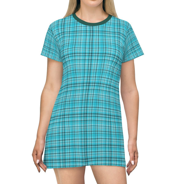 Light Blue Plaid Tartan Print Designer Crew Neck Long T-Shirt Dress-Made in USA-T-Shirt Dress-Heidi Kimura Art LLC