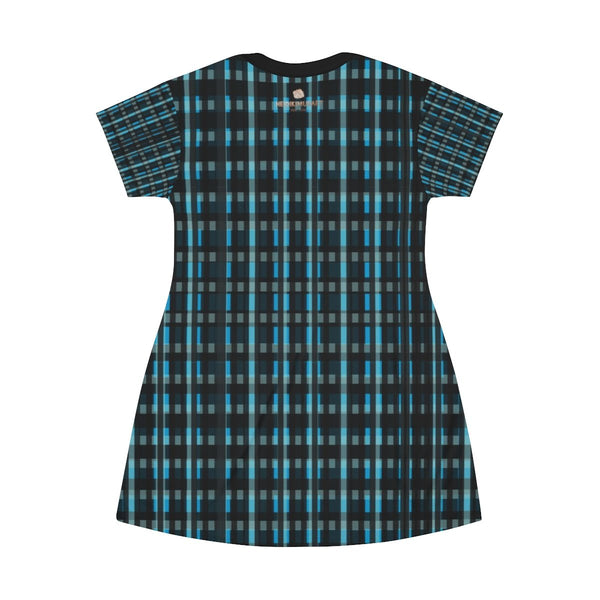 Dark Blue Plaid Tartan Print Designer Crew Neck T-Shirt Dress-Made in USA-T-Shirt Dress-Heidi Kimura Art LLC