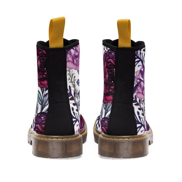 Purple Rose Floral Women's Boots, Flower Printed Laced-up Combat Hiking Boots For Ladies