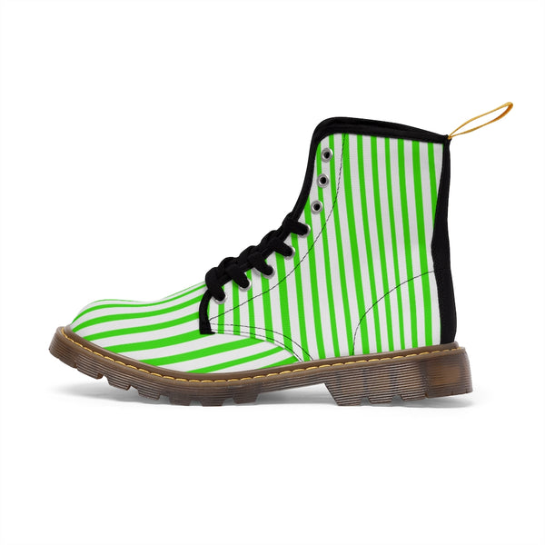 Green Striped Women's Canvas Boots, Modern Vertically Stripes White Green Ladies' Winter Boots-Shoes-Printify-Heidi Kimura Art LLC Green Striped Women's Canvas Boots, Vertically White Striped Print Designer Women's Winter Lace-up Toe Cap Boots Shoes For Women   (US Size 6.5-11)