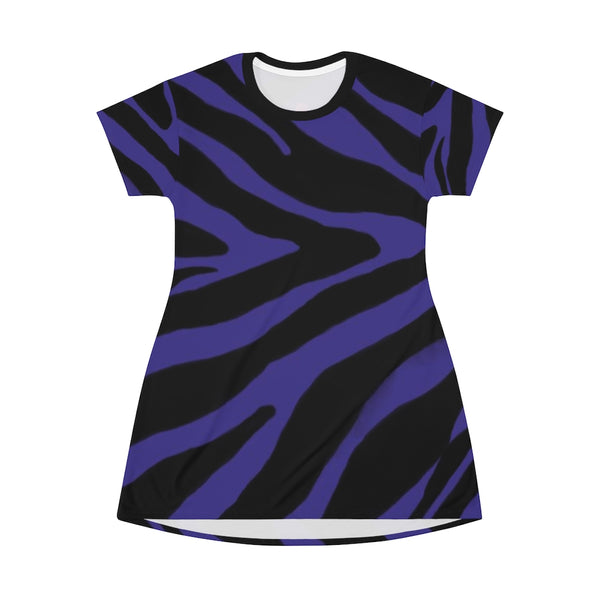 Purple Zebra Print T-Shirt Dress, Zebra Animal Print Designer Crew Neck Women's Long Tee T-shirt Fashion Dress-Made in USA (US Size: XS-2XL)