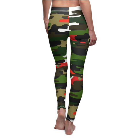Green Red Camo Army Print Women's Dressy Long Best Casual Leggings- Made in USA-Casual Leggings-White Seams-M-Heidi Kimura Art LLC