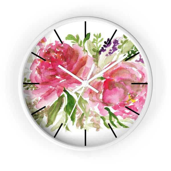 Pink Spring Rose Floral Print Flower 10 inch Diameter Flower Wall Clock - Made in USA-Wall Clock-White-White-Heidi Kimura Art LLC