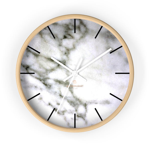 White Marble Print Art Large Indoor Designer 10" dia. Wall Clock-Made in USA-Wall Clock-10 in-Wooden-White-Heidi Kimura Art LLC