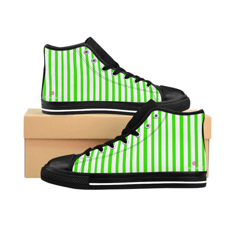 Green Striped Men's High-top Sneakers, Green White Modern Stripes Men's High Tops, High Top Striped Sneakers, Striped Casual Men's High Top For Sale, Fashionable Designer Men's Fashion High Top Sneakers, Tennis Running Shoes (US Size: 6-14)