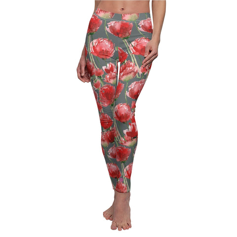 Grey Poppy Flower Tights, Best Grey and Red Poppy Flower Cute Elegant Chic Designer Watercolor Floral Print Skinny Fit Best Long Women's Tights / Fashion Floral Print Skinny Fit Designer Premium Quality Casual Leggings - Made in USA (US Size: XS-2XL) Plus Size Available&nbsp;