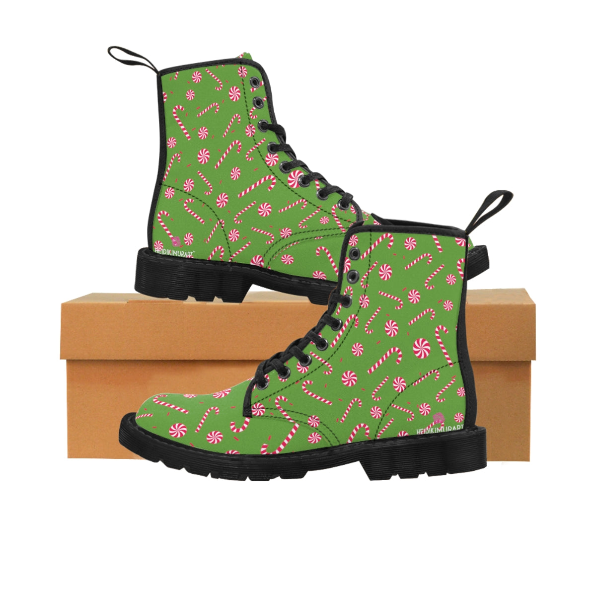 Light Green Christmas Women's Canvas Boots, Red Candy Cane Color Laced Up Winter Fashion Boots, Classic Christmas Festive Holiday Party Fun Designer Women's Winter Lace-up Toe Cap Ankle Hiking Boots (US Size 6.5-11) Casual Fashion Winter Boots For Ladies