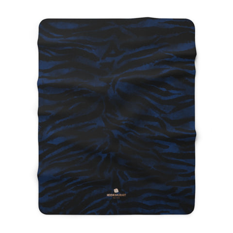 Navy Blue Tiger Stripe Animal Print Designer Cozy Sherpa Fleece Blanket-Made in USA-Blanket-60" x 80"-Heidi Kimura Art LLC