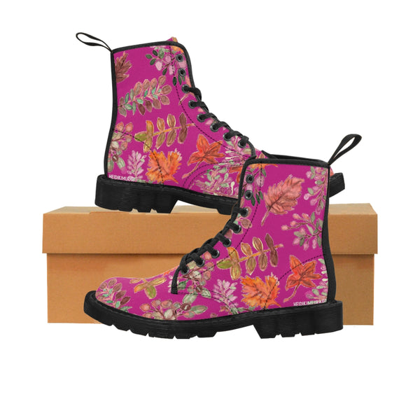 Pink Fall Leaves Women's Boots, Hot Pink Autumn Fall Leaves Print Women's Boots, Combat Boots, Designer Women's Winter Lace-up Toe Cap Hiking Boots Shoes For Women (US Size 6.5-11) Fall Leaves Fashion Canvas Shoes, Fall Leaves Print Winter Boots, Autumn Leaves Printed Boots For Ladies, Colorful Boots For Women