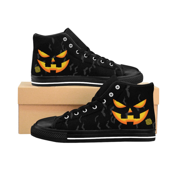 Men's Halloween Party Bats Orange Creepy Pumpkin Face Men's High-Top Sneakers-Men's High Top Sneakers-Black-US 9-Heidi Kimura Art LLC