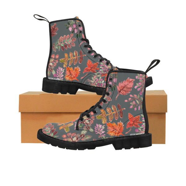 Grey Fall Leaves Women's Boots, Fall Leaves Print Women's Boots, Best Winter Boots For Women (US Size 6.5-11)