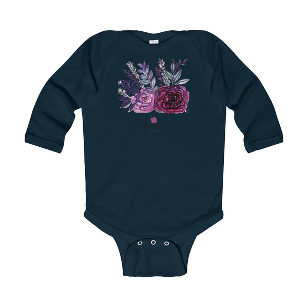 Floral Rose Print Infant Long Sleeve Bodysuit - Made in United Kingdom (Size: 6M-24M)-Kids clothes-Navy-12M-Heidi Kimura Art LLC