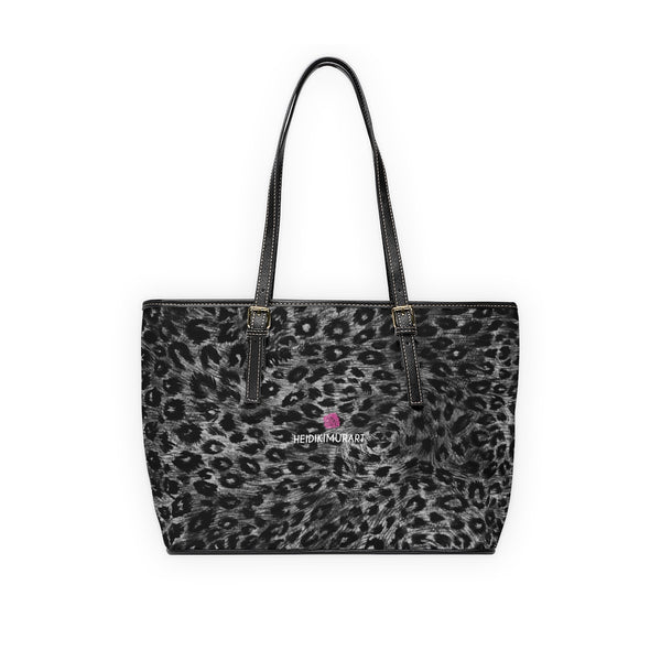 Grey Leopard Print Tote Bag, Best Stylish Leopard Animal Printed PU Leather Shoulder Large Spacious Durable Hand Work Bag 17"x11"/ 16"x10" With Gold-Color Zippers & Buckles & Mobile Phone Slots & Inner Pockets, All Day Large Tote Luxury Best Sleek and Sophisticated Cute Work Shoulder Bag For Women With Outside And Inner Zippers