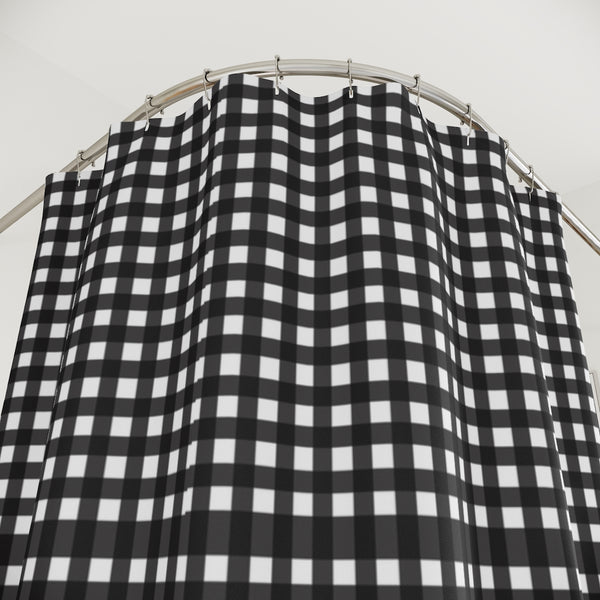 Black Plaid Polyester Shower Curtain, Plaid Tartan Scottish Style Print Christmas Winter Holiday Festive 71" × 74" Modern Kids or Adults Colorful Best Premium Quality American Style One-Sided Luxury Durable Stylish Unique Interior Bathroom Shower Curtains - Printed in USA