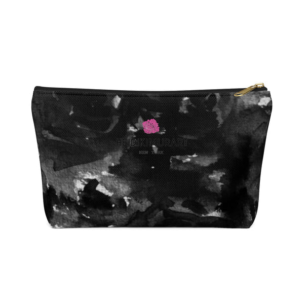 Black Rose Floral Print Designer Accessory Pouch with T-bottom Makeup Bag-Accessory Pouch-Black-Large-Heidi Kimura Art LLC