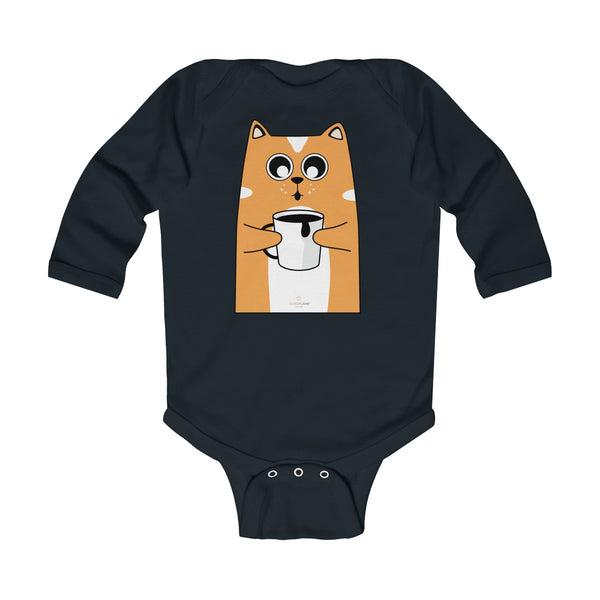 Cute Coffee Cat Print Baby Boy/ Girls Infant Kids Long Sleeve Bodysuit - Made in USA-Infant Long Sleeve Bodysuit-Black-NB-Heidi Kimura Art LLC