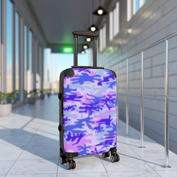 Blue Purple Camo Cabin Suitcase, Camorlauged Army Military Print Carry On Polycarbonate Front and Hard-Shell Durable Small 1-Size Carry-on Luggage With 2 Inner Pockets & Built in Lock With 4 Wheel 360° Swivel and Adjustable Telescopic Handle - Made in USA/UK (Size: 13.3" x 22.4" x 9.05", Weight: 7.5 lb) Unique Cute Carry-On Best Personal Travel Bag Custom Luggage - Gift For Him or Her 
