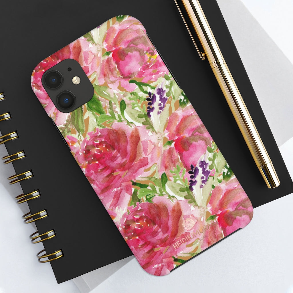 Brown Pink Rose Print Phone Case, Floral Print Case Mate Tough Phone Cases-Made in USA - Heidikimurart Limited 