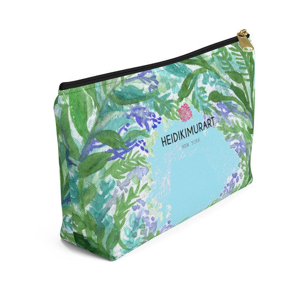 Blue Floral Print Accessory Pouch with T-bottom, French Lavender Floral Designer Makeup Bag-Accessory Pouch-Heidi Kimura Art LLC
