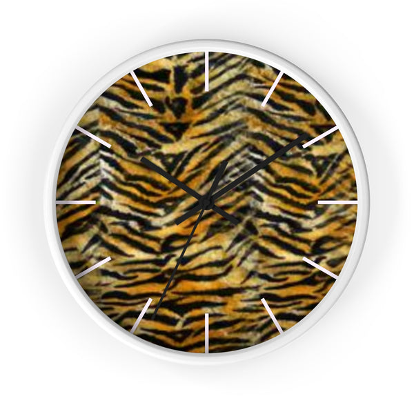 Orange Tiger Striped Wall Clock, Animal Faux Fur Print 10 in. Dia. Wall Clock-Made in USA-Wall Clock-White-Black-Heidi Kimura Art LLC