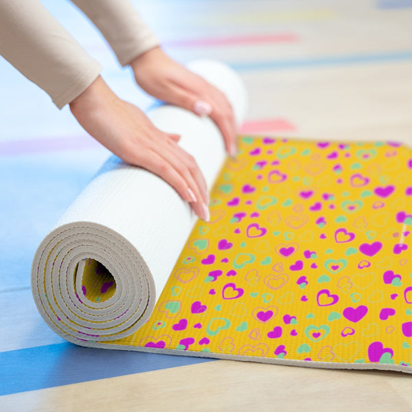 Yellow Hearts Foam Yoga Mat, Hearts Pattern Valentine's Day Special Best Fashion Stylish Lightweight 0.25" thick Best Designer Gym or Exercise Sports Athletic Yoga Mat Workout Equipment - Printed in USA (Size: 24″x72")