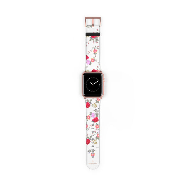 White Red Floral Rose Print Premium 38mm/42mm Designer Watch Band- Made in USA-Watch Band-42 mm-Rose Gold Matte-Heidi Kimura Art LLC