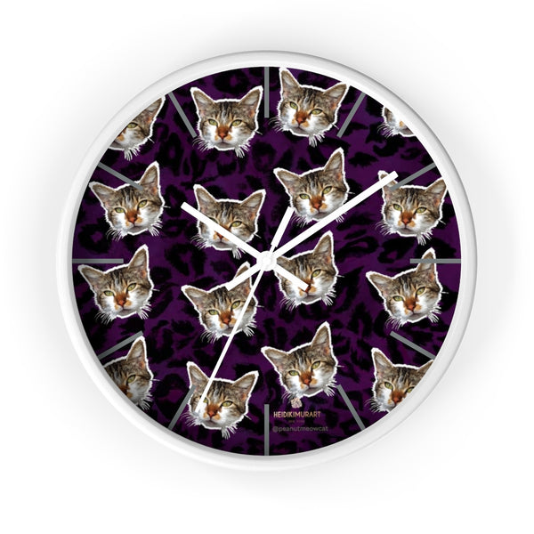 Purple Cat Print Wall Clock, Leopard Print Calico Cat Large Indoor Clocks- Made in USA-Wall Clock-10 in-White-White-Heidi Kimura Art LLC