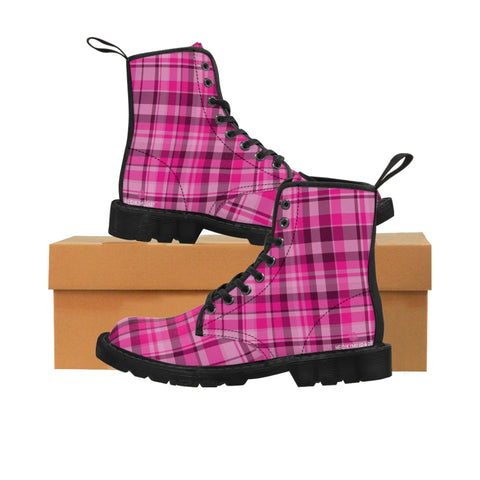 Pink Plaid Women's Canvas Boots, Best Pink Plaid Print Canvas Boots For Women, Elegant Feminine Casual Fashion Gifts, Hunting Style Combat Boots, Designer Women's Winter Lace-up Toe Cap Hiking Boots Shoes For Women (US Size 6.5-11)