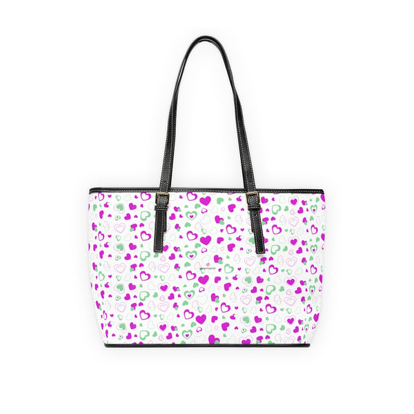 Pink Hearts Print Tote Bag, PU Leather Shoulder Hand Work Bag