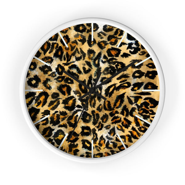 Brown Leopard Print Wall Clock, Animal Print Pattern 10" Dia. Indoor Clock-Made in USA-Wall Clock-White-Black-Heidi Kimura Art LLC