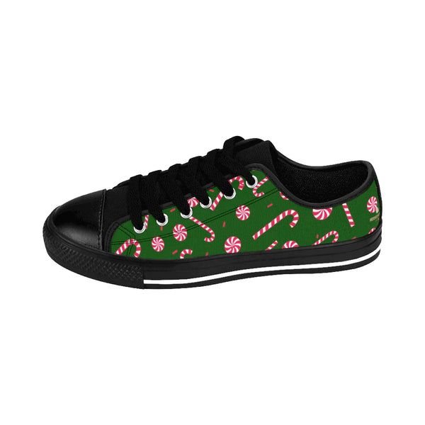 Dark Green Red White Candy Cane Christmas Print Men's Low Top Sneakers Tennis Shoes-Men's Low Top Sneakers-Heidi Kimura Art LLC