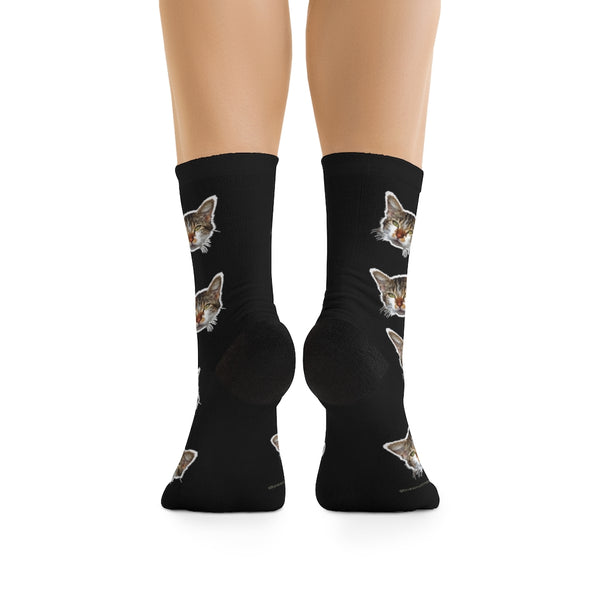 Black Cat Print Socks, Cute Calico Cat One-Size Knit Premium Unisex Socks- Made in USA-Socks-One size-Heidi Kimura Art LLC
