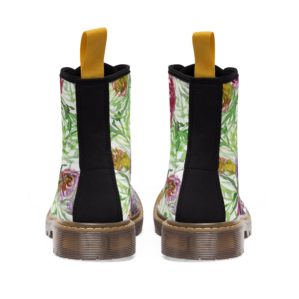 Garden Rose Floral Women's Boots, Pink Yellow Flower Vintage Style Ladies' Combat Hiking Boots
