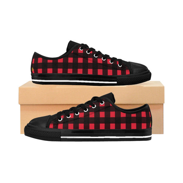 Buffalo Red Plaid Print Designer Men's Low Top Sneakers Running Shoes (US Size: 6-14)-Men's Low Top Sneakers-Black-US 9-Heidi Kimura Art LLC Buffalo Red Men's Sneakers, Flannel Best Classic Buffalo Red Plaid Print Designer Men's Low Top Sneakers Running Tennis Canvas Fashion Shoes (US Size: 6-14)