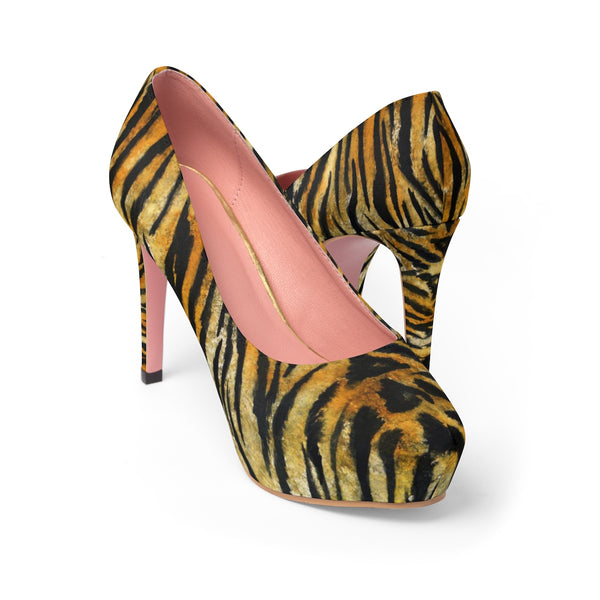 Orange Bengal Tiger Striped Animal Skin Pattern Designer Women's 4" Platform Heels-4 inch Heels-US 7-Heidi Kimura Art LLC